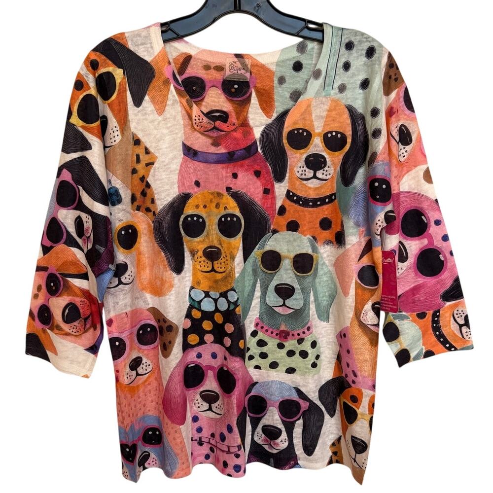 Et Lois NWT Dogs in Sunglasses Colorful All Over Print Slub Knit T Shirt size S